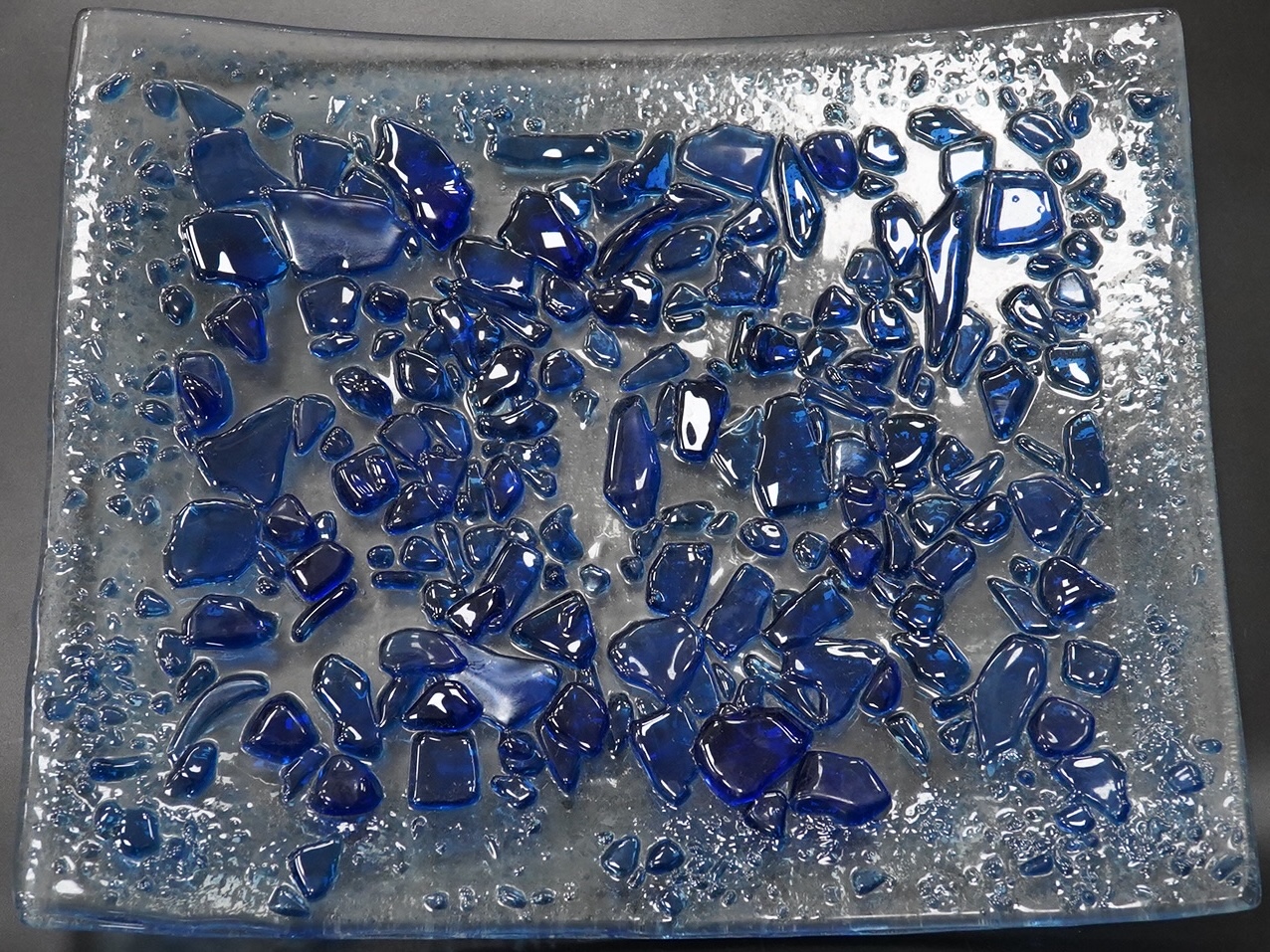 A Mary Canny shaped art glass ‘Blue Jewelled Platter’ 26.5cm x 21.5cm